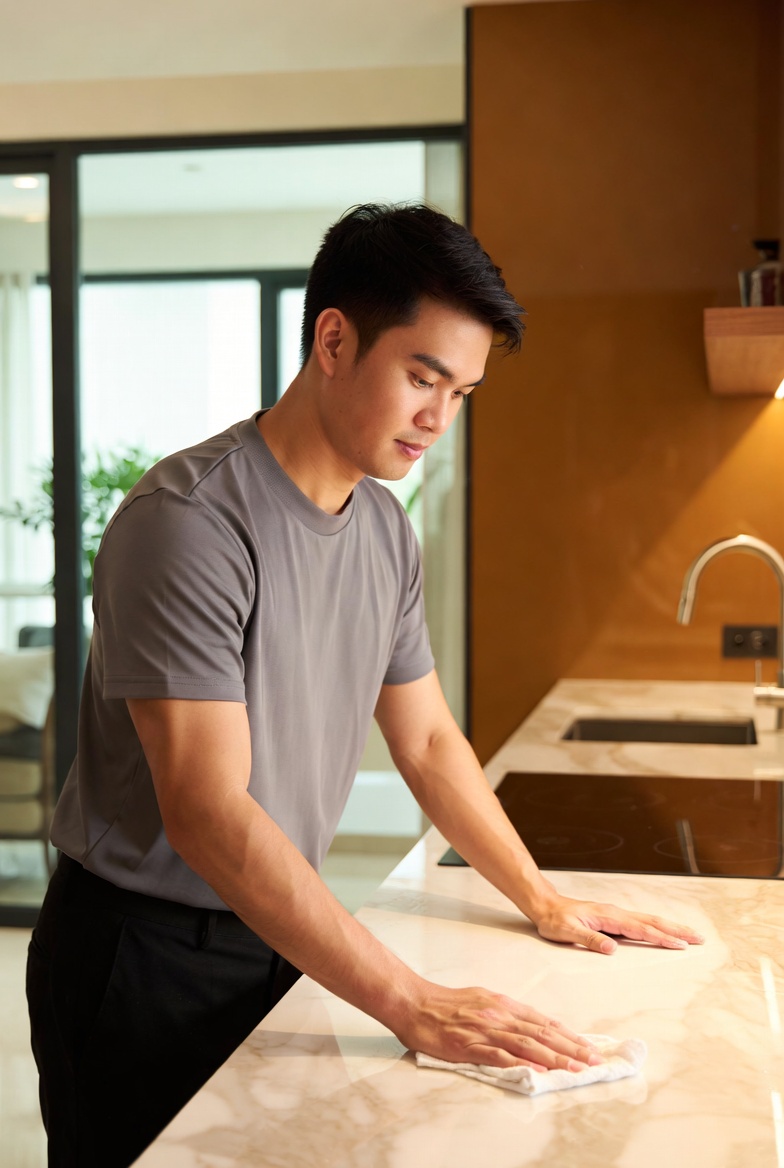 Professional Singaporean cleaner at work in a modern Singapore home