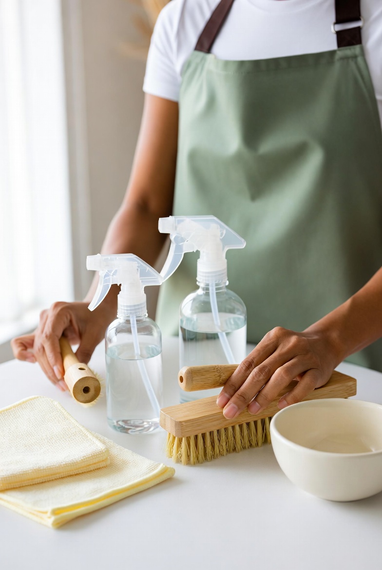 Singaporean cleaner preparing eco-friendly cleaning supplies