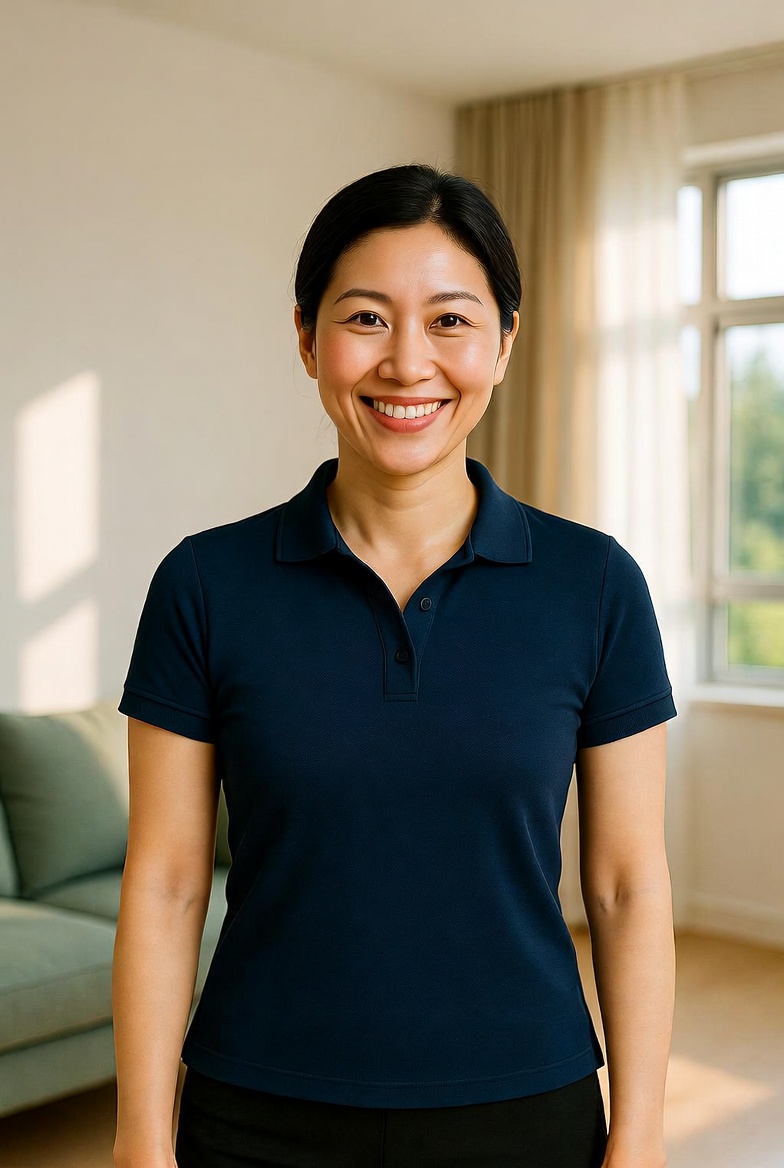 Friendly Singaporean cleaner in a bright freshly cleaned home with morning light